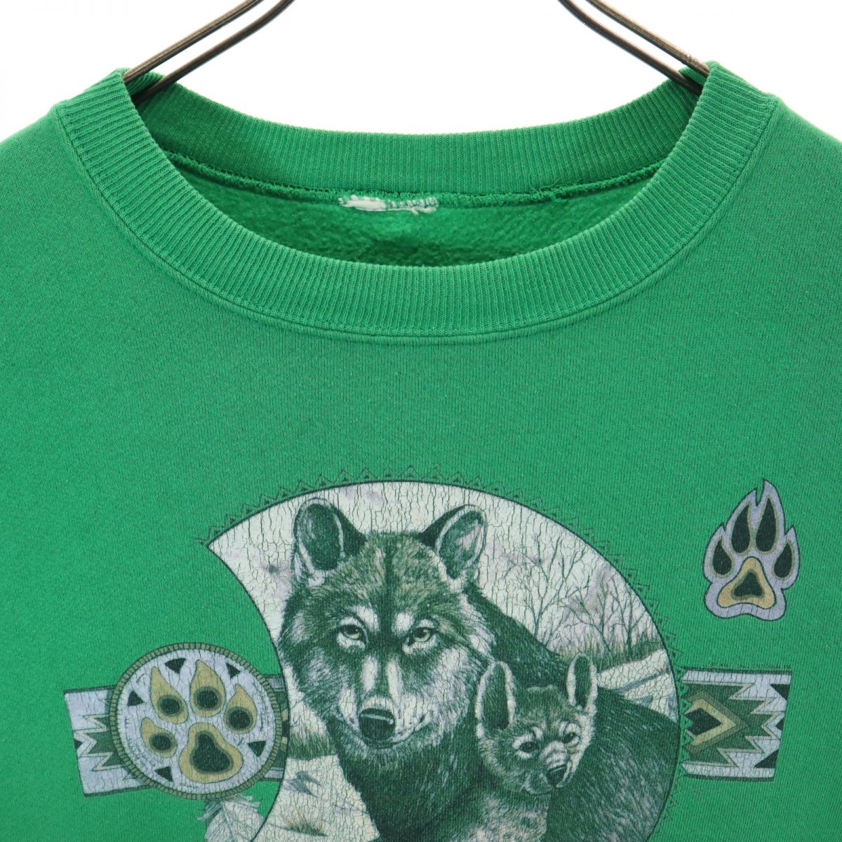 OLD オールド 90s プリント 長袖 トレーナー グリーン スウェット 裏起毛 メンズ