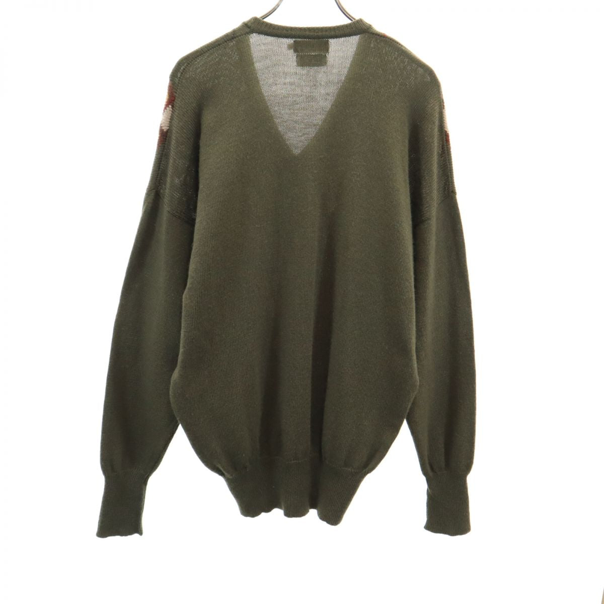 Aquascutum アクアスキュータム 80s ウール ヴィンテージ 総柄 長袖 セーター 44 グリーン系 Vネック ニット メンズ