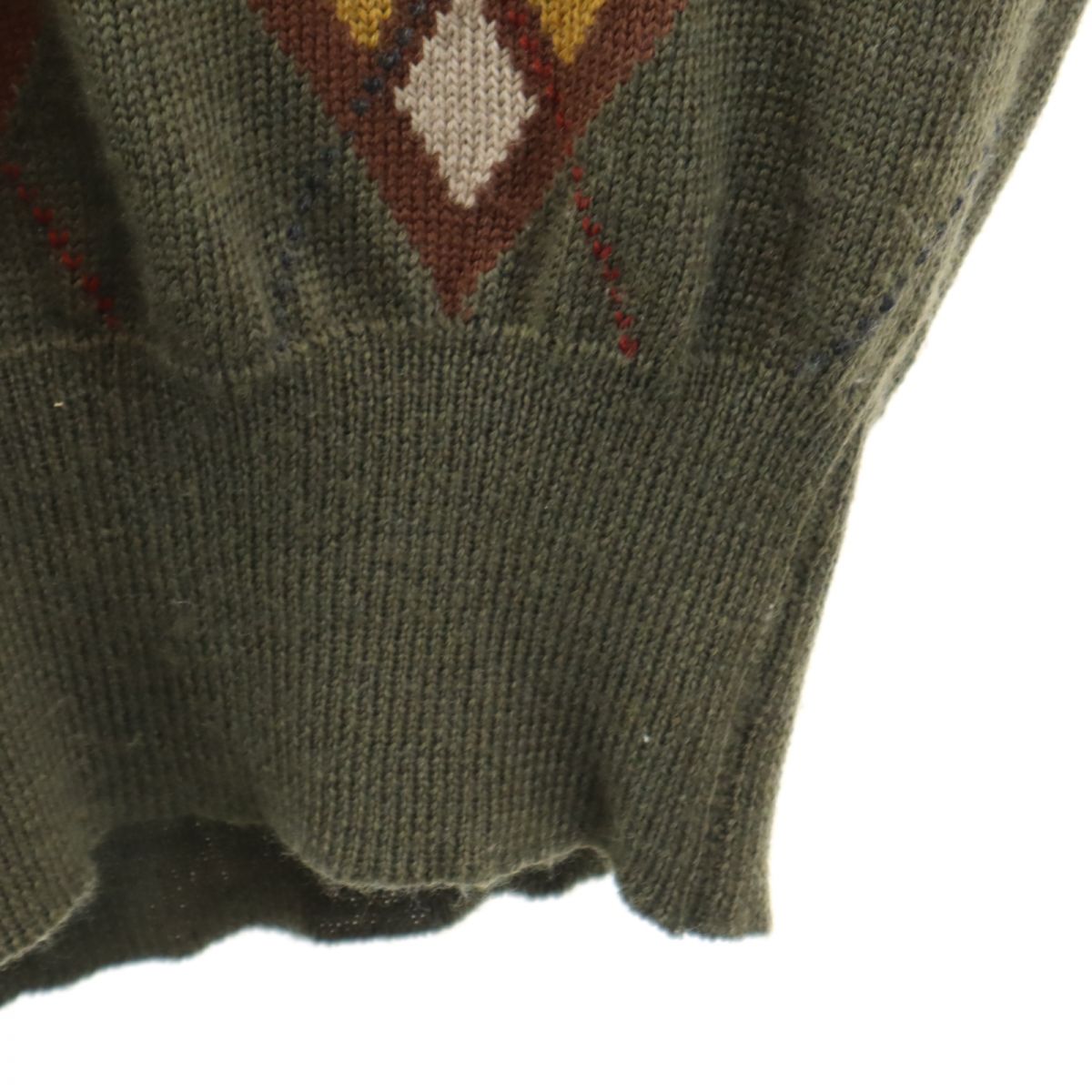 Aquascutum アクアスキュータム 80s ウール ヴィンテージ 総柄 長袖 セーター 44 グリーン系 Vネック ニット メンズ