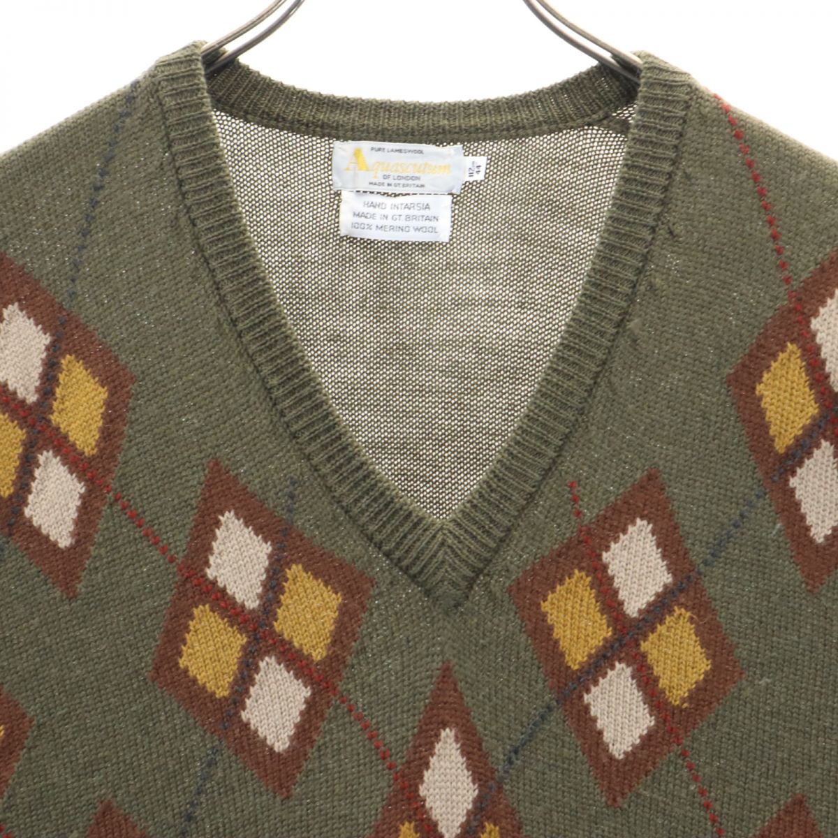 Aquascutum アクアスキュータム 80s ウール ヴィンテージ 総柄 長袖 セーター 44 グリーン系 Vネック ニット メンズ