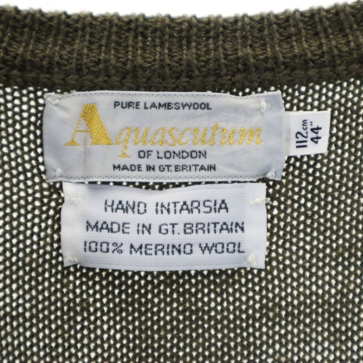Aquascutum アクアスキュータム 80s ウール ヴィンテージ 総柄 長袖 セーター 44 グリーン系 Vネック ニット メンズ