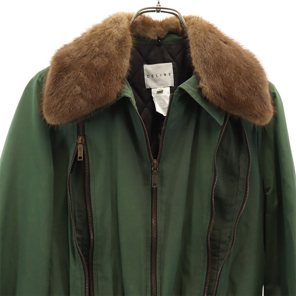 CELINE セリーヌ フランス製 ミンク ファー襟付き 中綿ジャケット 38 グリーン レディース