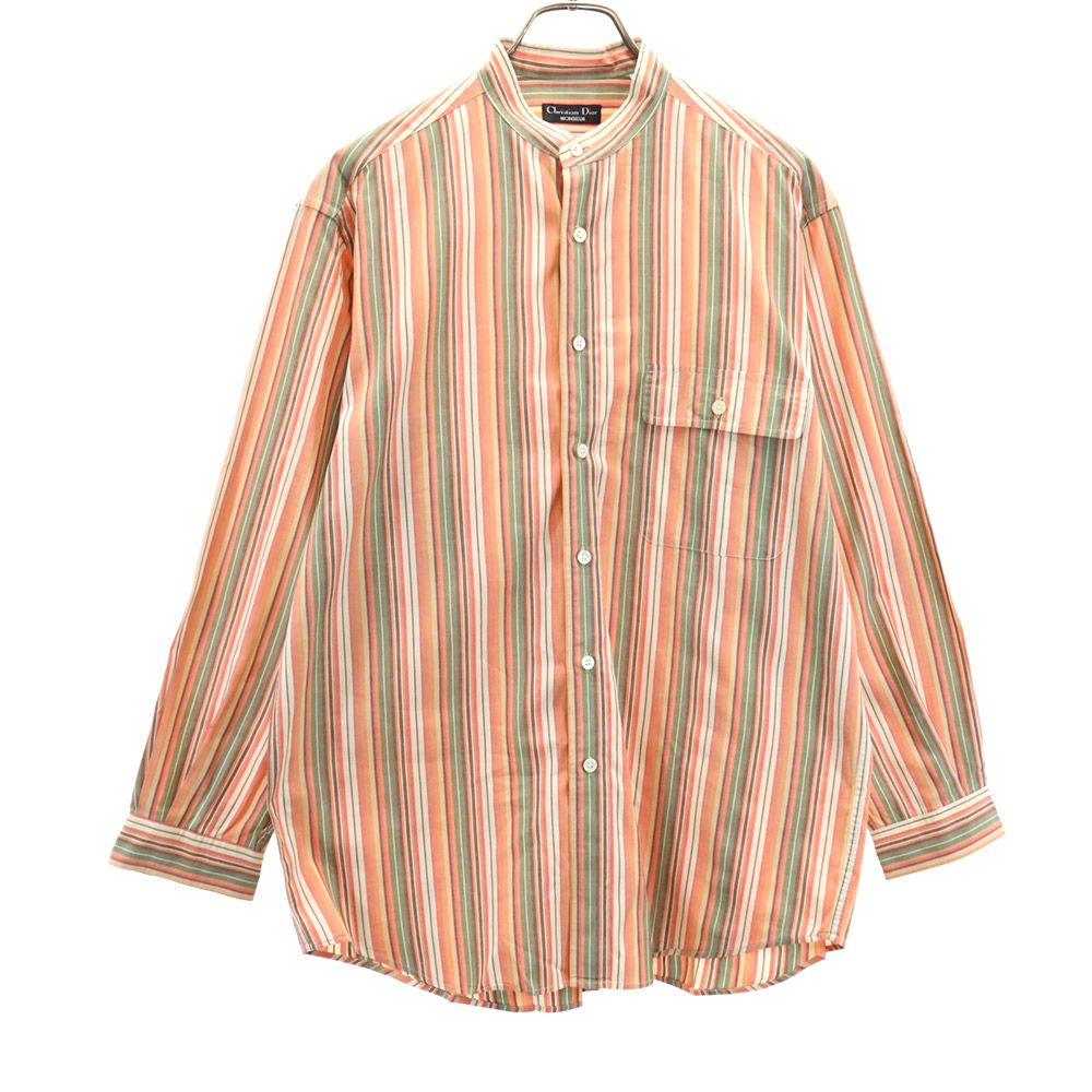 クリスチャンディオール 90s オールド 長袖アロハ ストライプ 長袖 バンドカラーシャツ M オレンジ系 Christian Dior メンズ