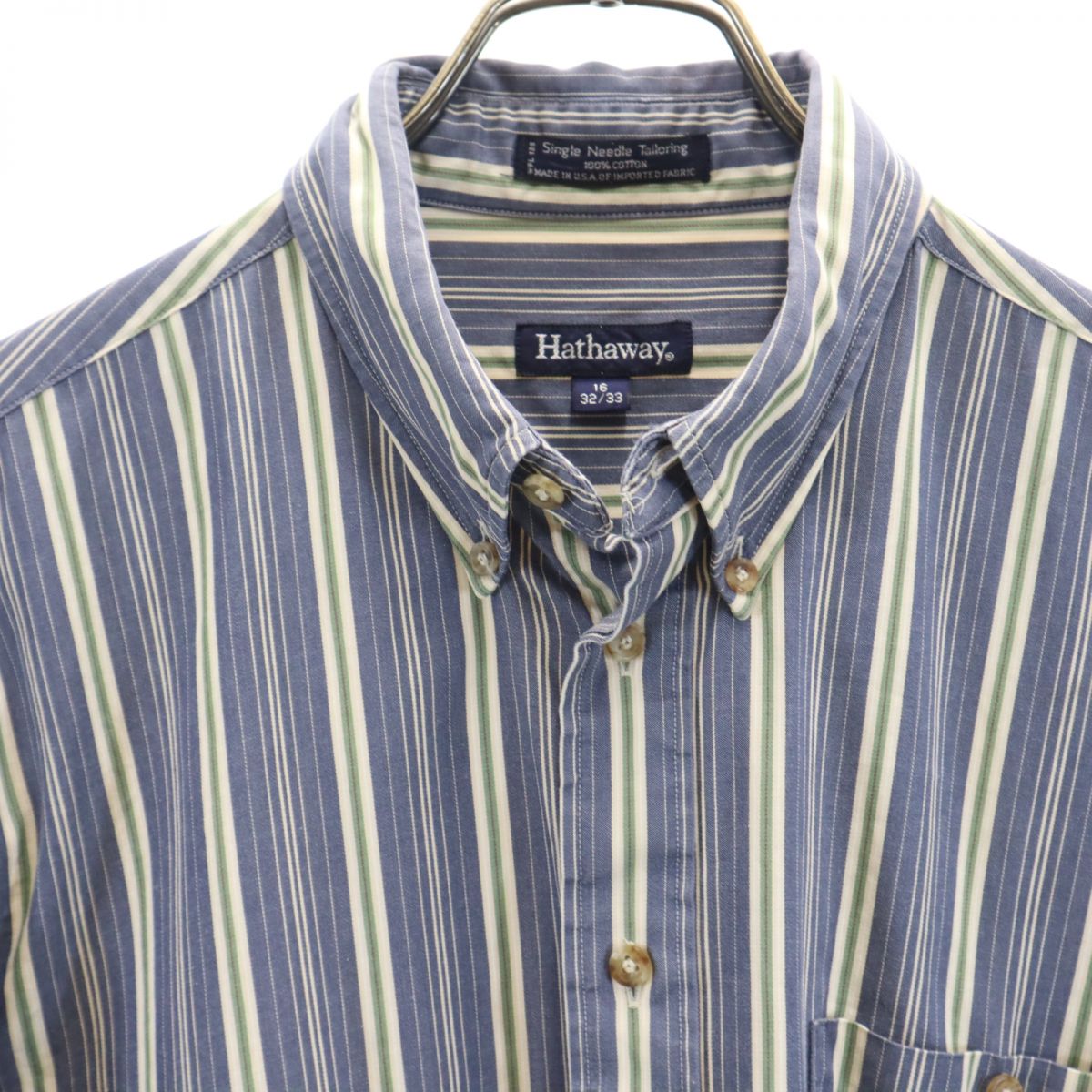 Hathaway ハサウェイ 90s USA製 オールド ストライプ柄 長袖 ボタンダウンシャツ 1632/33 ブルー系 メンズ
