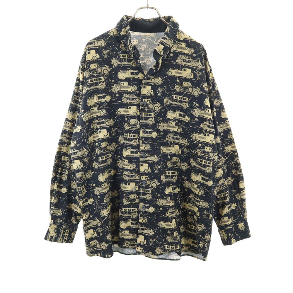 オールド クラシックカー柄 長袖 ボタンダウンシャツ ブラック系 車柄 メンズ