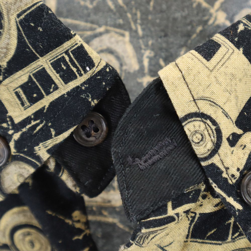 オールド クラシックカー柄 長袖 ボタンダウンシャツ ブラック系 車柄 メンズ