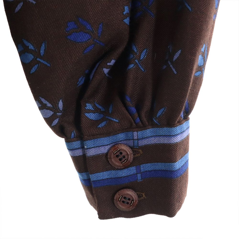 オールド チューリップ柄 長袖 オープンカラーシャツ ブラウン系 レディース