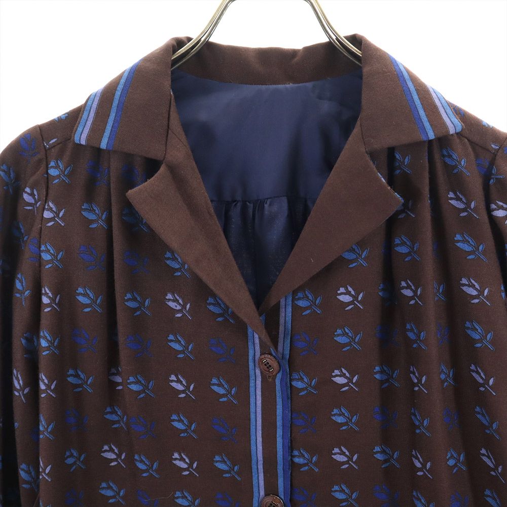 オールド チューリップ柄 長袖 オープンカラーシャツ ブラウン系 レディース