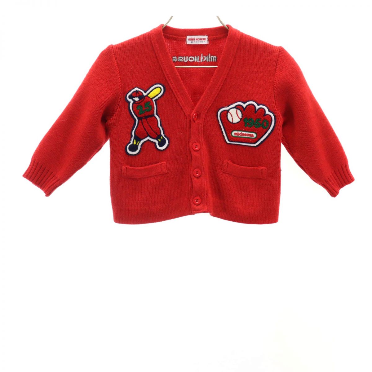 mikihouse ミキハウス 長袖 Vネック ニット カーディガン L レッド 野球 キッズ