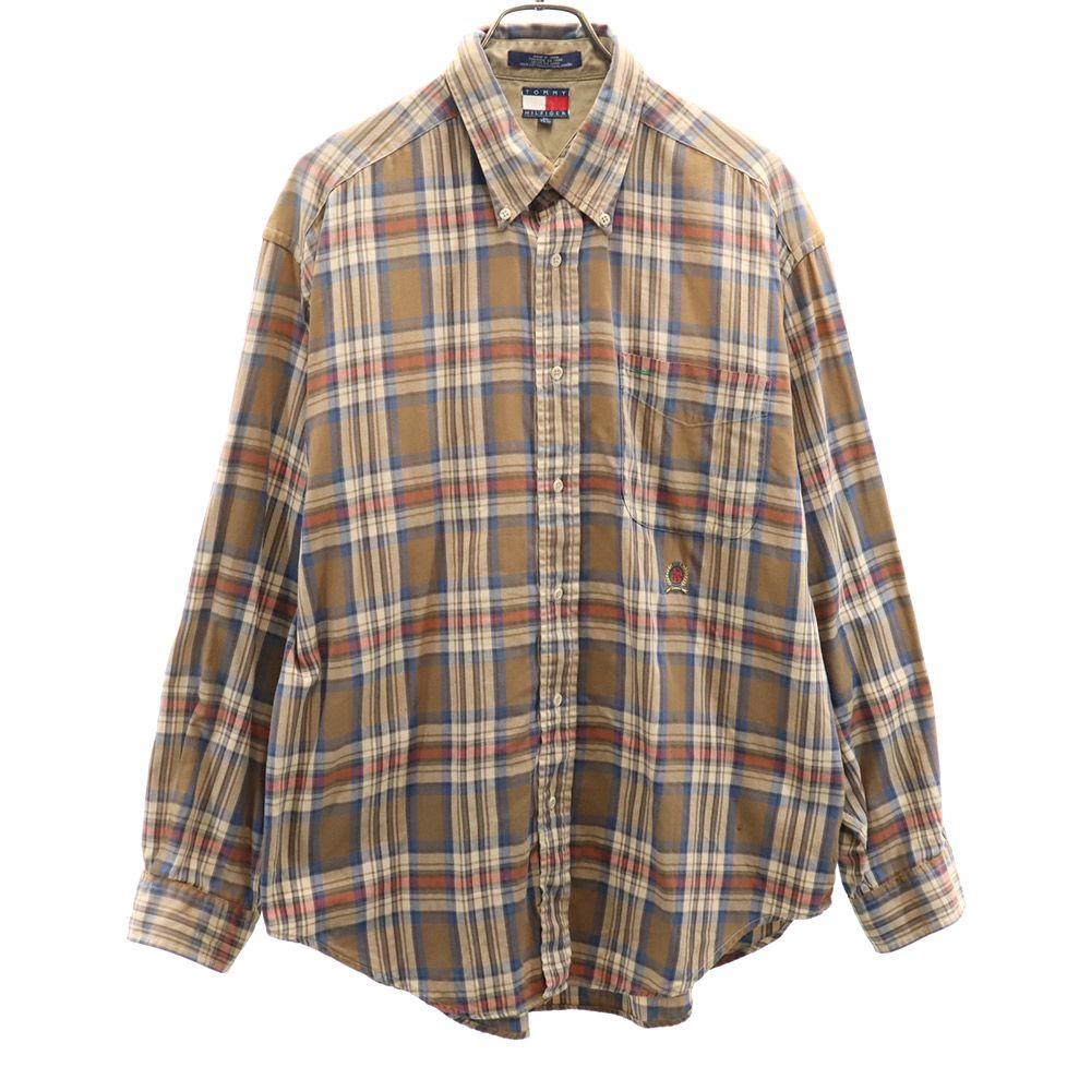 TOMMY HILFIGER トミーヒルフィガー 90s オールド フラッグタグ チェック柄 長袖 ボタンダウンシャツ XL ブラウン系 メンズ