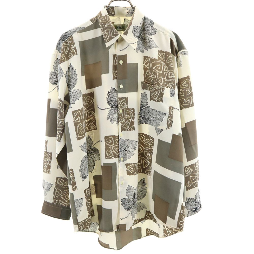 UNIQLO ユニクロ 総柄 長袖 サテン シャツ L アイボリー系 メンズ