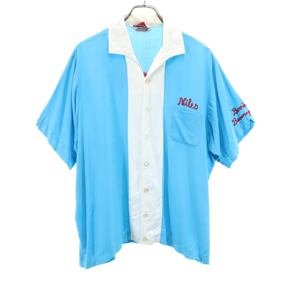 キングルイ 70s USA製 ヴィンテージ ボーリングシャツ 半袖 オープンカラー シャツ L ブルー系 KING LOUIE メンズ