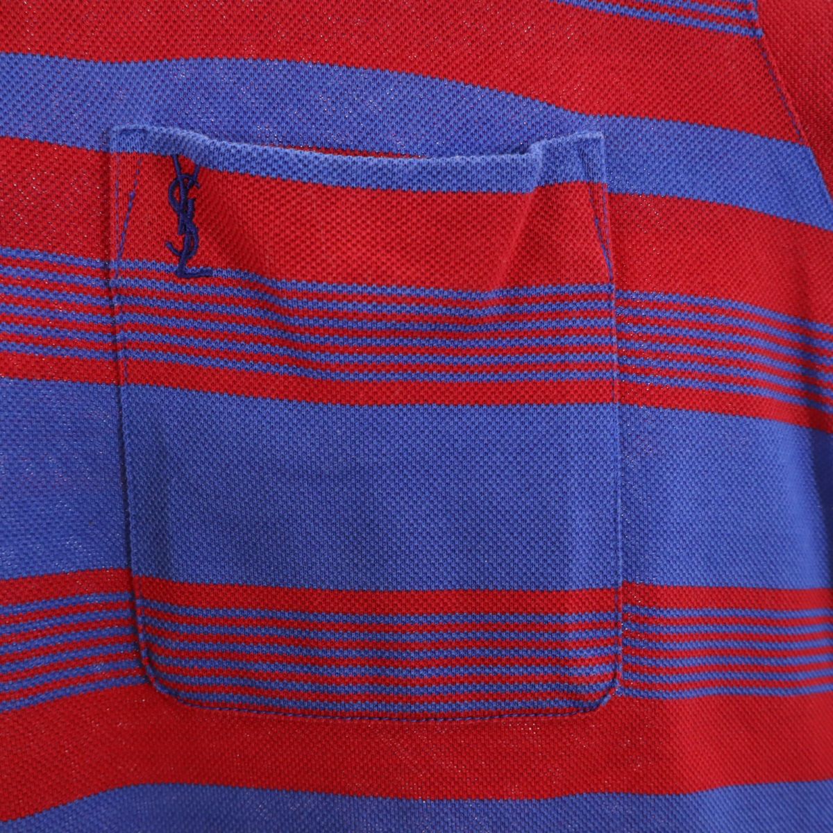 YVES SAINT LAURENT イヴサンローラン 日本製 ボーダー柄 半袖 ポロシャツ LA 赤×ネイビー 鹿の子地 メンズ