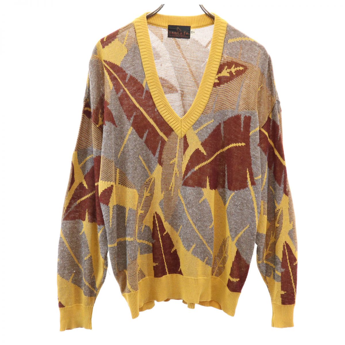 santa fe サンタフェ 総柄 長袖 Vネック セーター Feb-38 ブラウン系 ニット メンズ