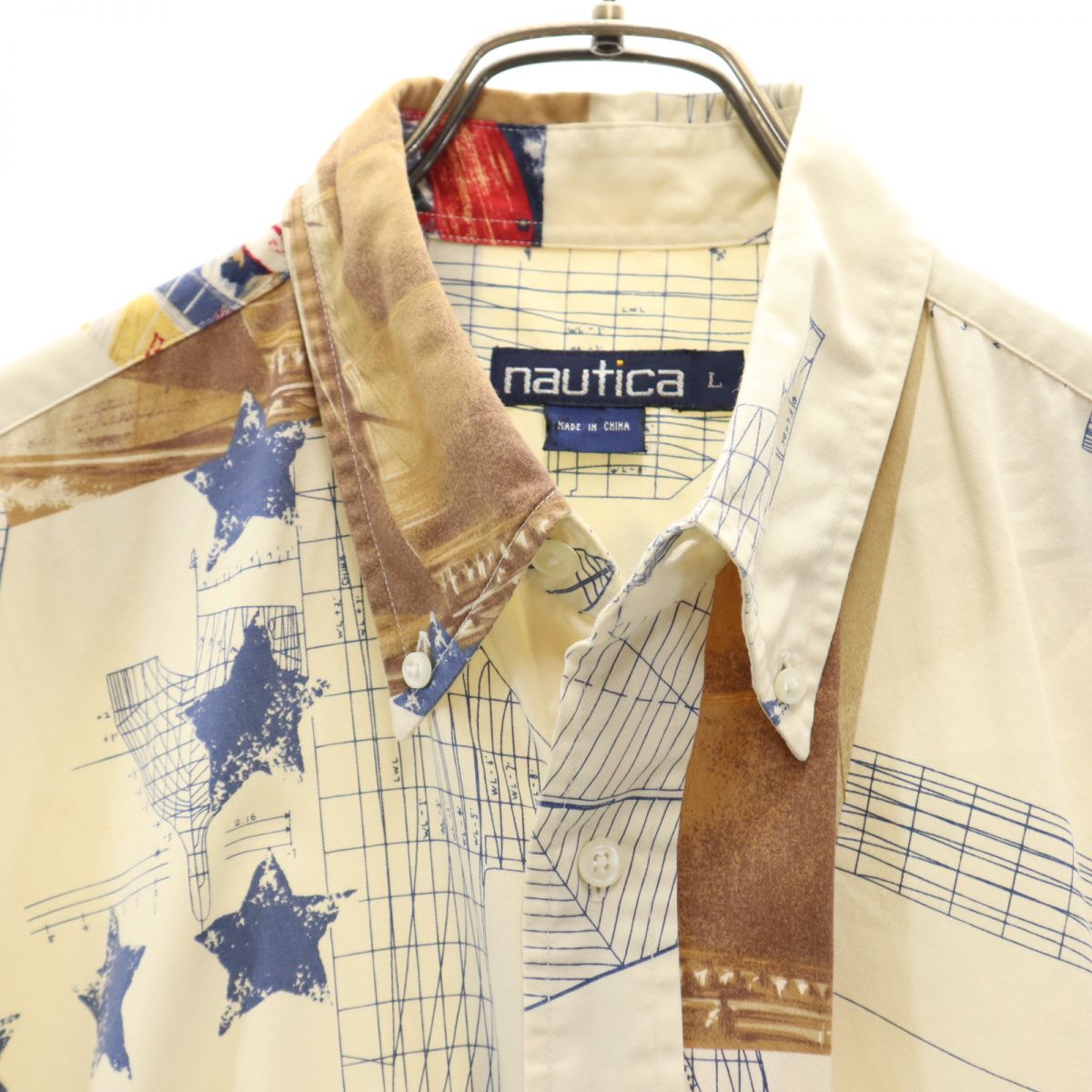 ノーティカ 90s オールド 総柄 半袖 ボタンダウンシャツ L ベージュ系 NAUTICA メンズ