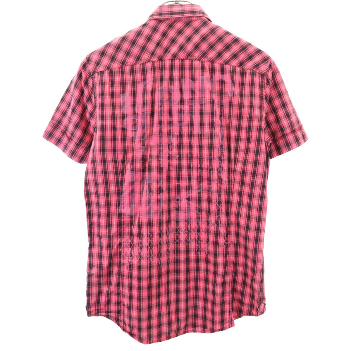 DIESEL ディーゼル チェック柄 バックプリント 半袖 ウエスタンシャツ S ピンク メンズ