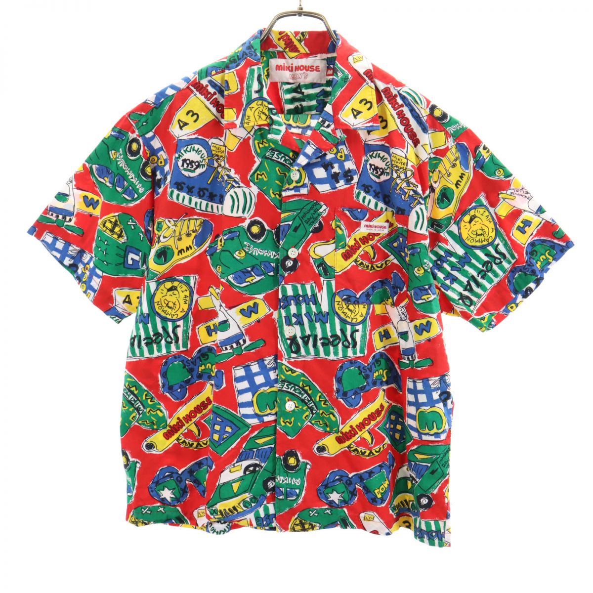 mikihouse ミキハウス 日本製 総柄 半袖 オープンカラーシャツ M レッド系 メンズ