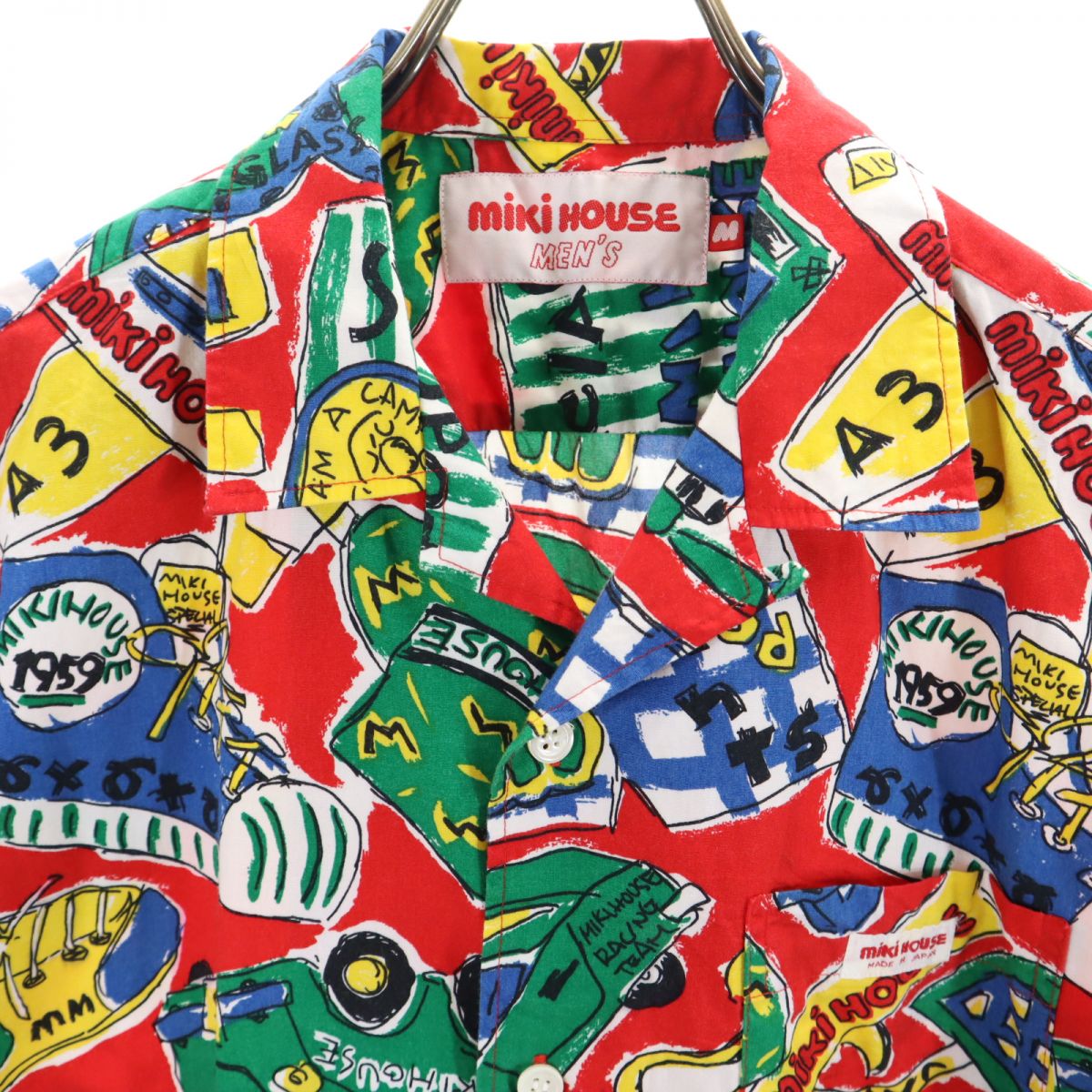 mikihouse ミキハウス 日本製 総柄 半袖 オープンカラーシャツ M レッド系 メンズ