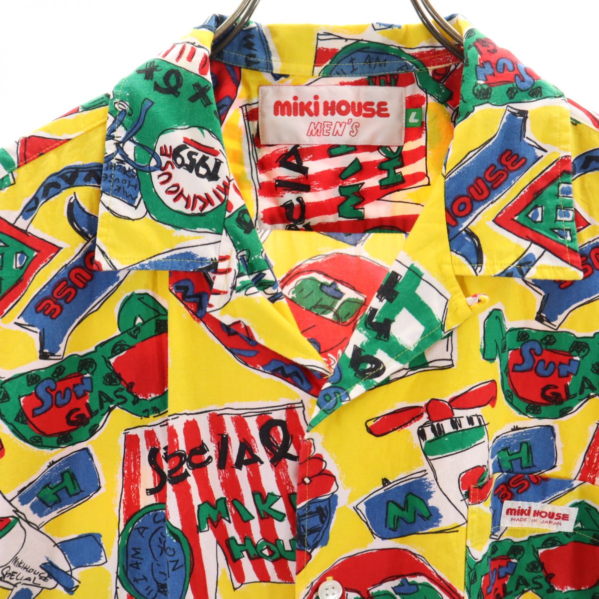 ミキハウス 日本製 総柄 半袖 オープンカラーシャツ L イエロー系 mikihouse メンズ