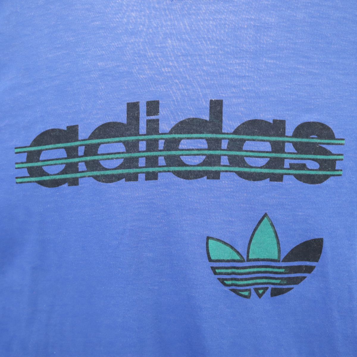 adidas アディダス 80s オールド プリント トレフォイルロゴ 半袖 Tシャツ XL ブルー メンズ