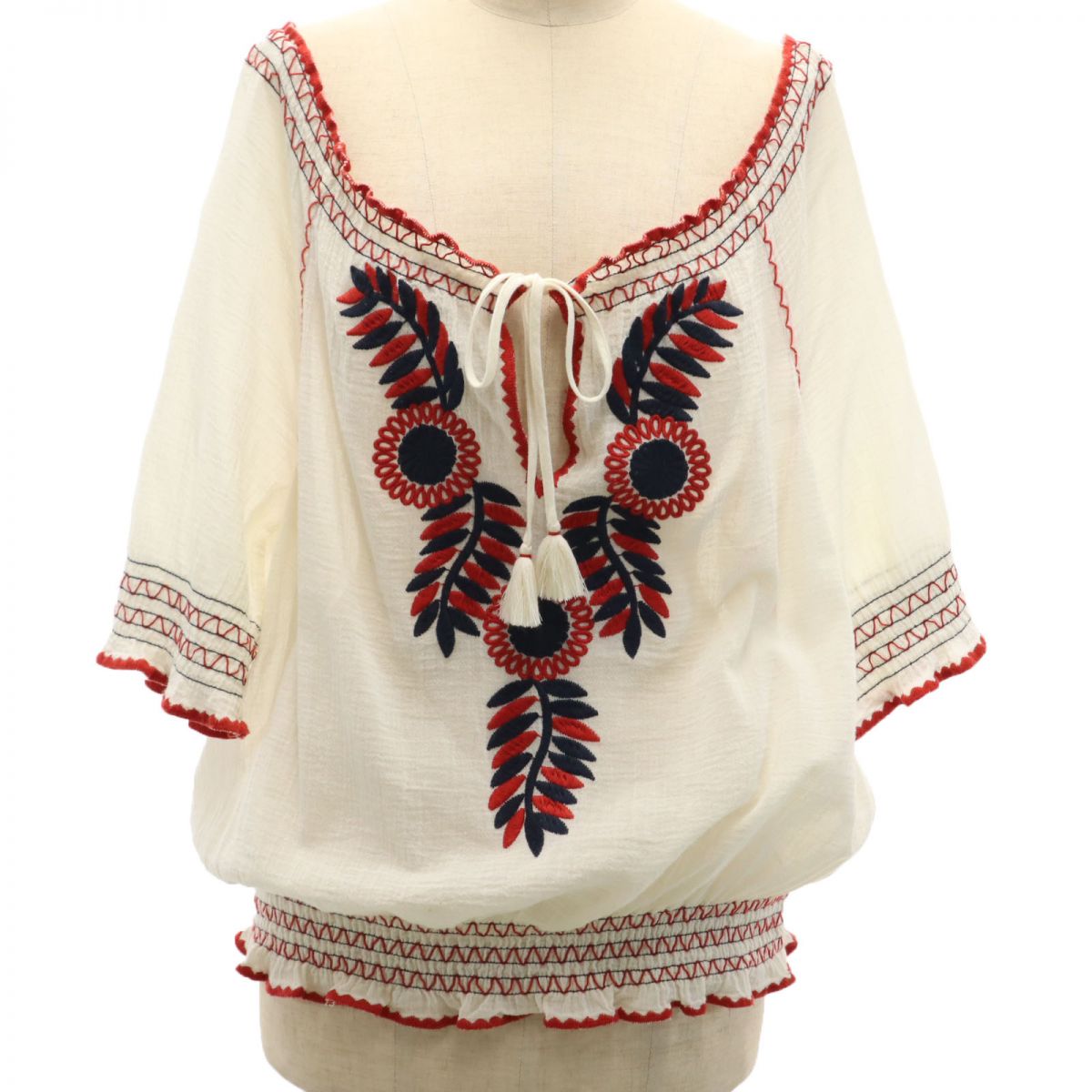 トリーバーチ 刺繍 5分袖 ブラウス S ホワイト Tory Burch レディース