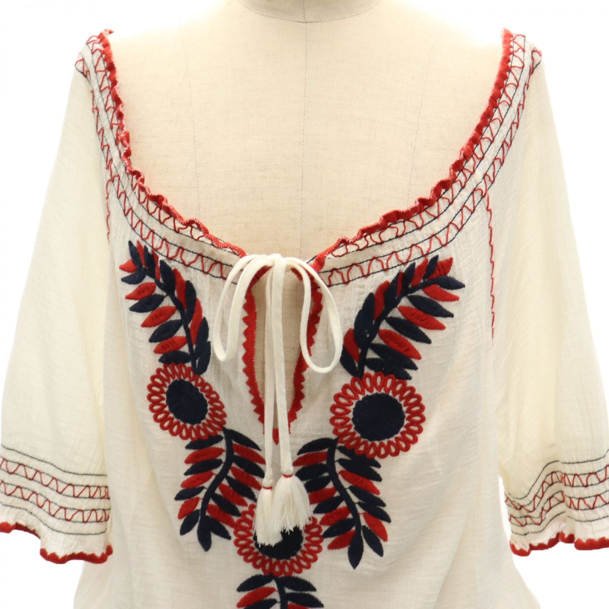 トリーバーチ 刺繍 5分袖 ブラウス S ホワイト Tory Burch レディース