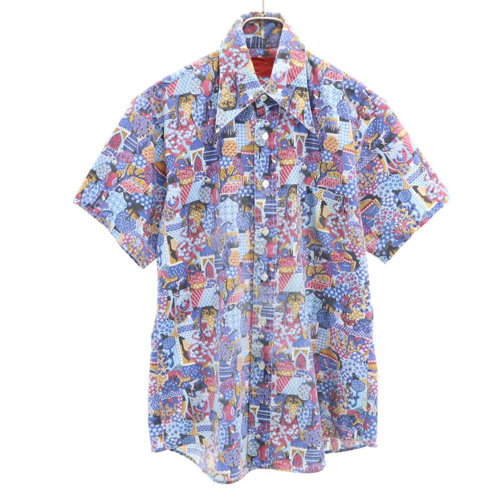 キングスロード 70s ヴィンテージ 総柄 半袖 シャツ M ブルー系 メンズ
