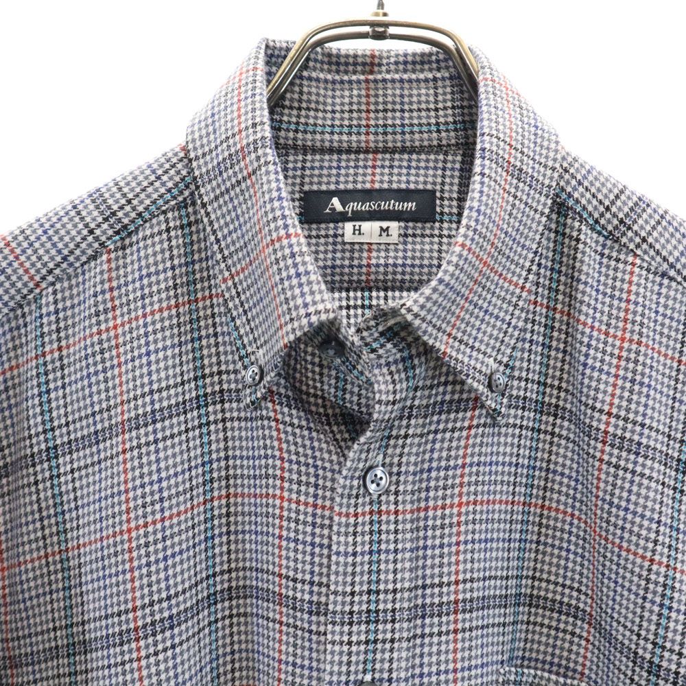 Aquascutum アクアスキュータム 日本製 ウール 千鳥柄 長袖 ボタンダウンシャツ グレー系 メンズ