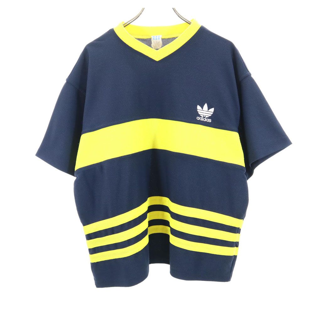 adidas アディダス 80s ヴィンテージ 万国旗タグ トレフォイルロゴ 半袖 Vネック Tシャツ L（M） ネイビー メンズ