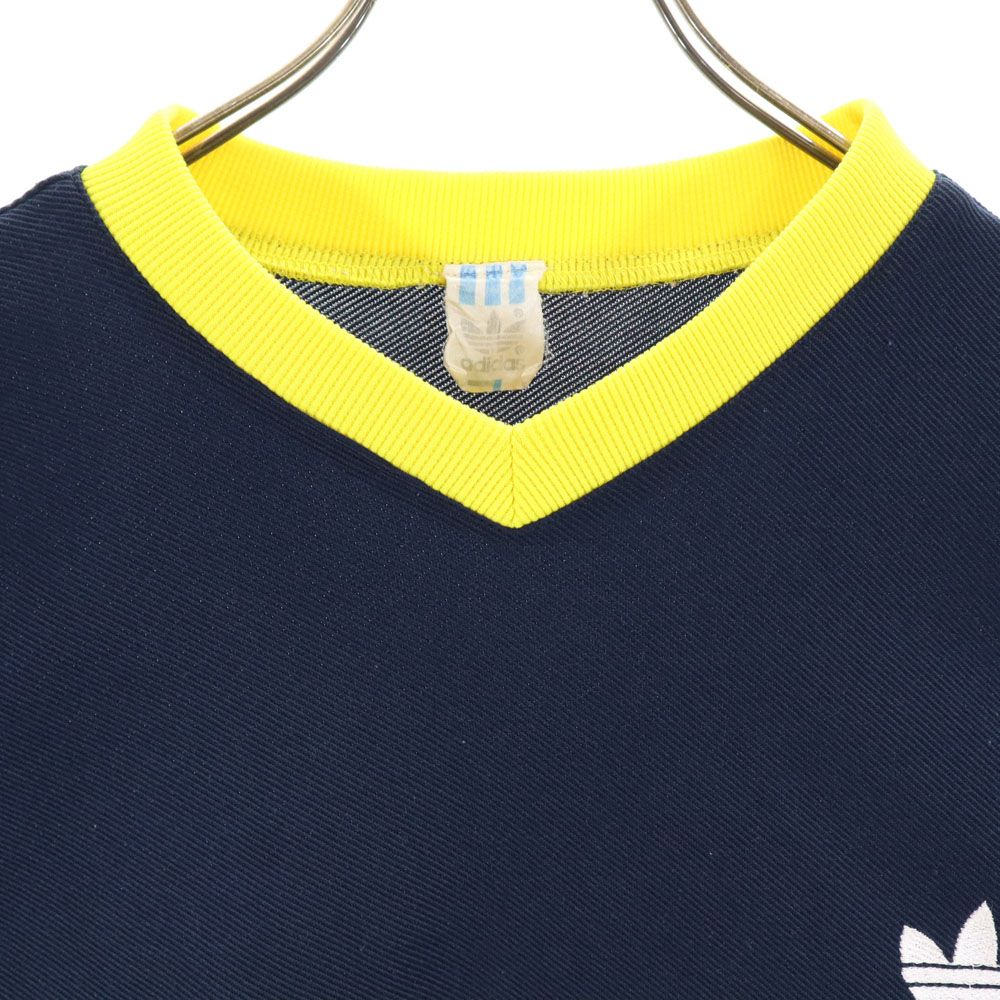 adidas アディダス 80s ヴィンテージ 万国旗タグ トレフォイルロゴ 半袖 Vネック Tシャツ L（M） ネイビー メンズ