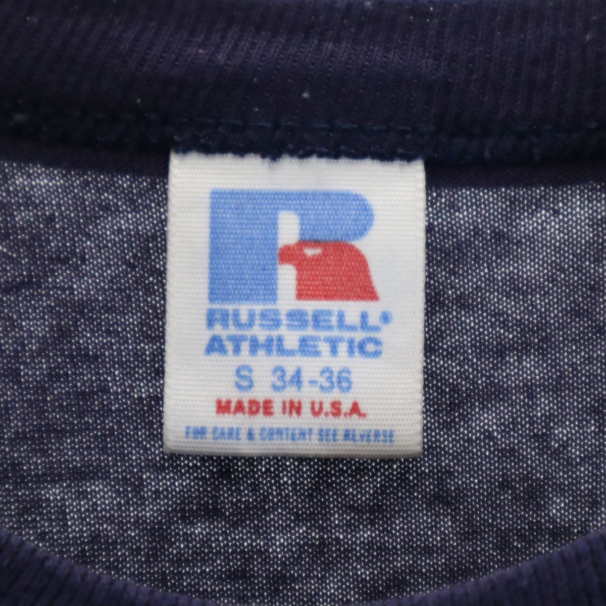 ラッセルアスレティック 90s USA製 オールド プリント 半袖 Tシャツ S 34-36 ネイビー Russell Athletic メンズ