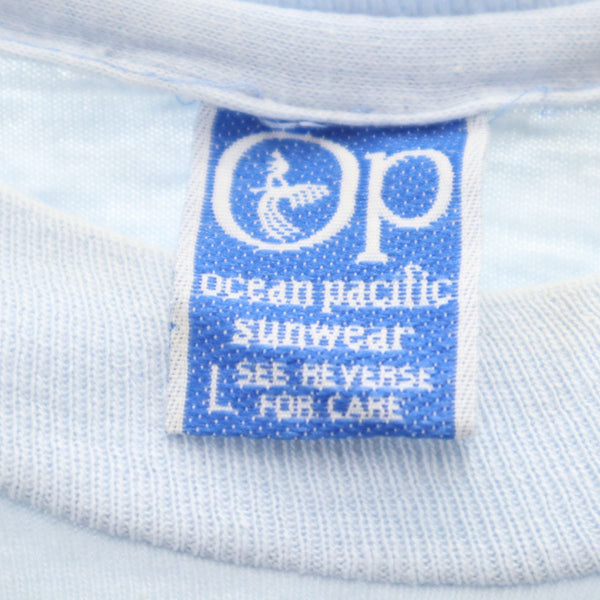 オーピー 70s ヴィンテージ 初期タグ オーシャンパシフィック プリント 半袖 Tシャツ L ブルー OP Ocean Pacific メンズ