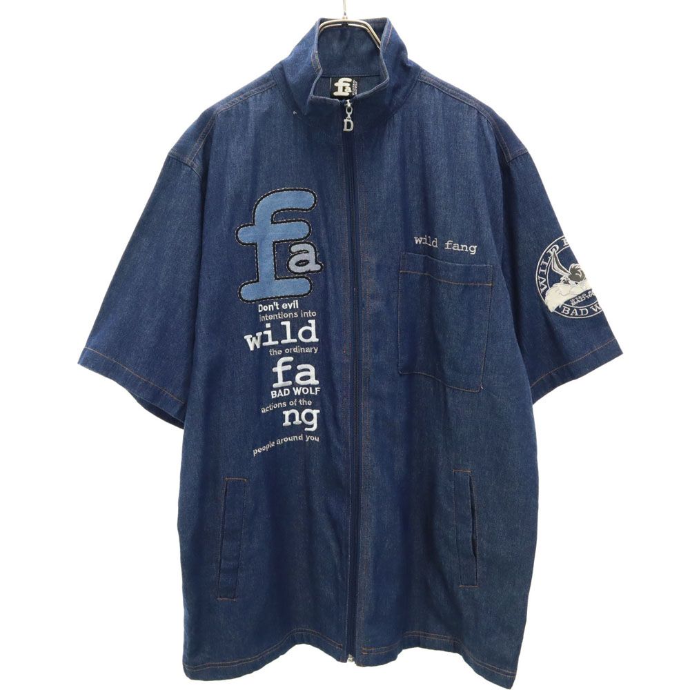 ワイルドファングバッドウルフ 刺繍 半袖 フロントジップ デニムジャケット L ネイビー fa WILD FANG BAD WOLF メンズ
