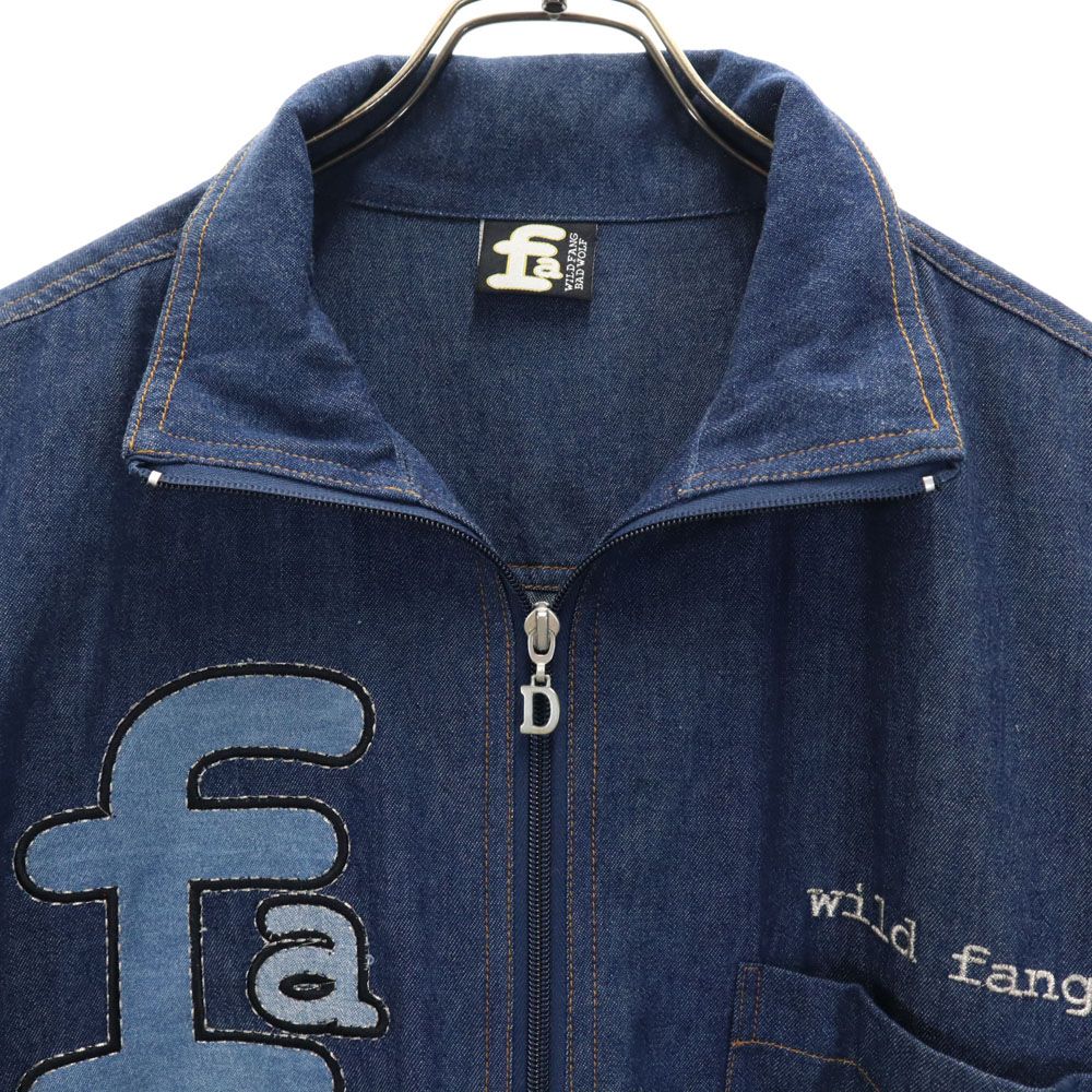 ワイルドファングバッドウルフ 刺繍 半袖 フロントジップ デニムジャケット L ネイビー fa WILD FANG BAD WOLF メンズ