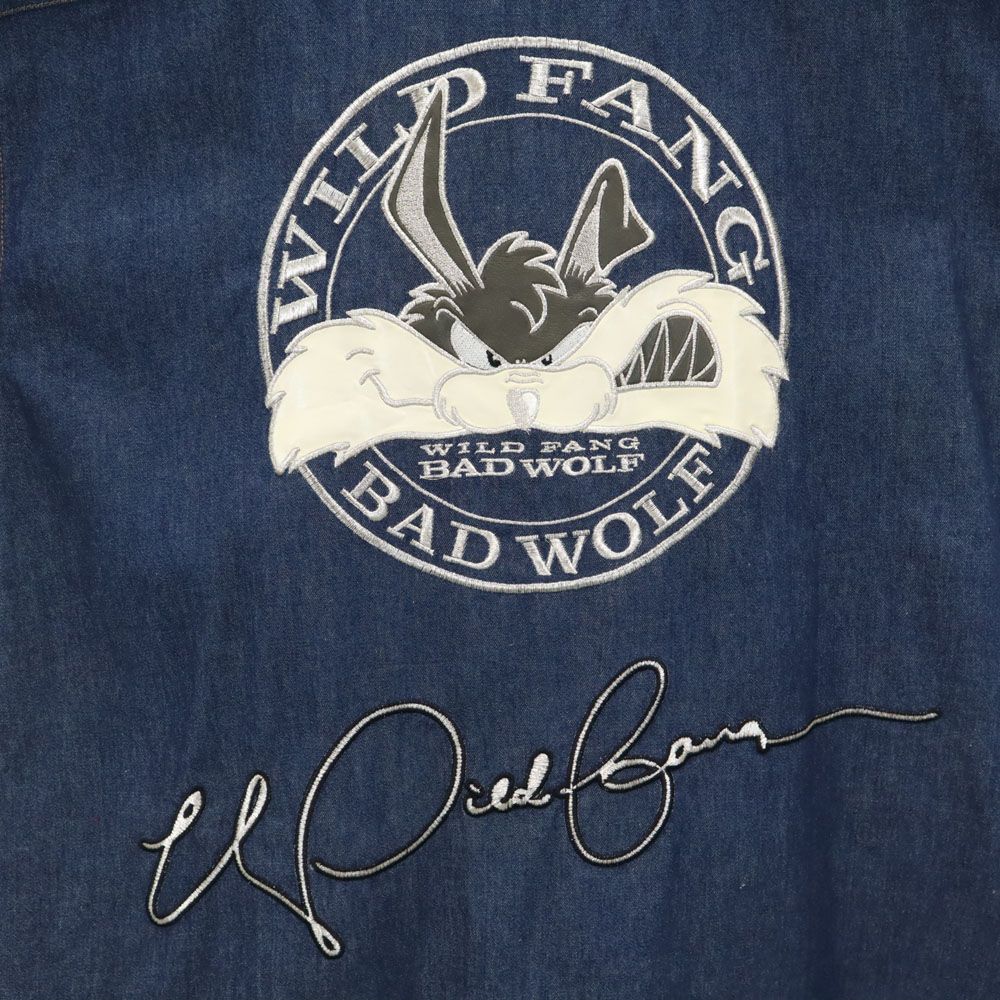 ワイルドファングバッドウルフ 刺繍 半袖 フロントジップ デニムジャケット L ネイビー fa WILD FANG BAD WOLF メンズ