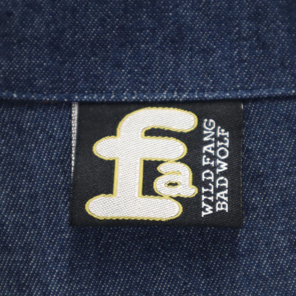 ワイルドファングバッドウルフ 刺繍 半袖 フロントジップ デニムジャケット L ネイビー fa WILD FANG BAD WOLF メンズ