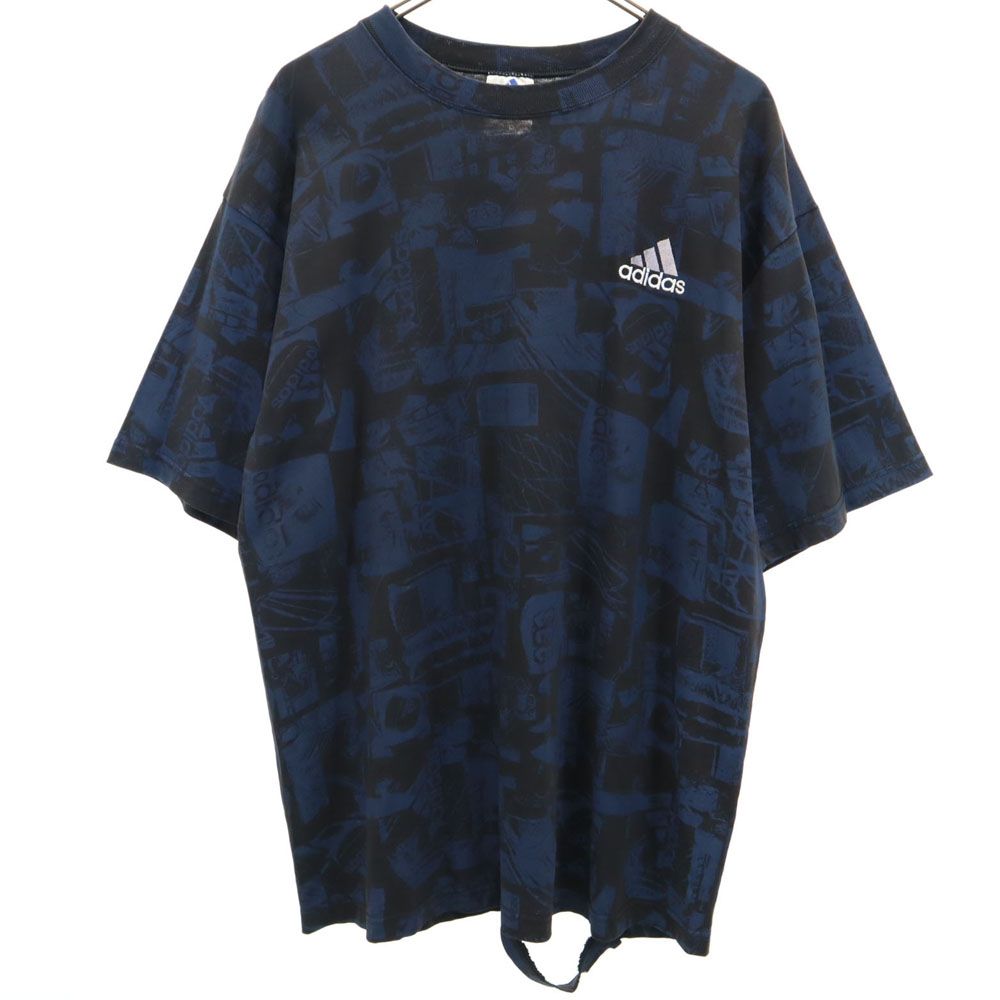 adidas アディダス 90s USA製 オールド エキップメント 総柄 半袖 Tシャツ L ネイビー系 メンズ