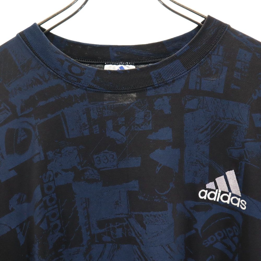 adidas アディダス 90s USA製 オールド エキップメント 総柄 半袖 Tシャツ L ネイビー系 メンズ