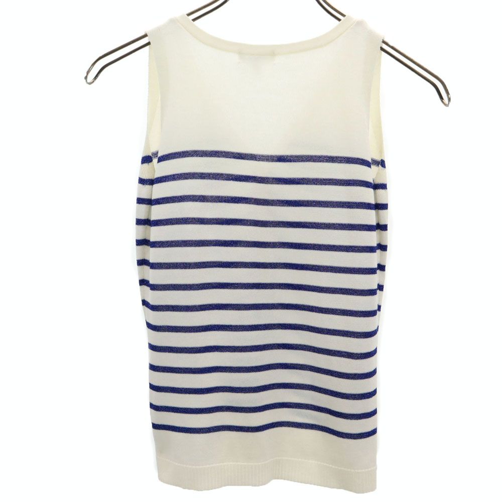 LANVIN en Bleu ランバンオンブルー ラメ ボーダー柄 ノースリーブ ハーフボタン ニット 38 ホワイト×ブルー レディース