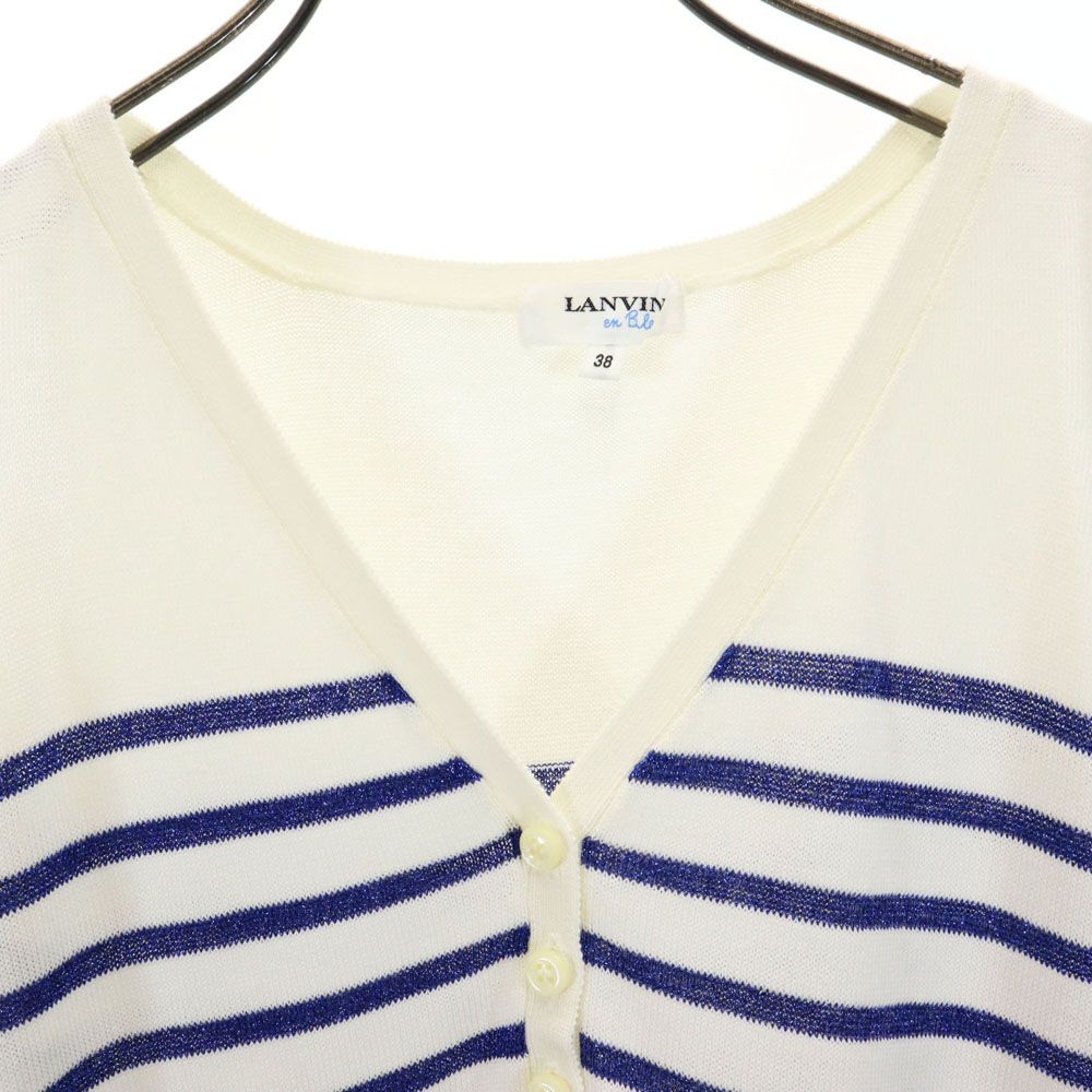LANVIN en Bleu ランバンオンブルー ラメ ボーダー柄 ノースリーブ ハーフボタン ニット 38 ホワイト×ブルー レディース