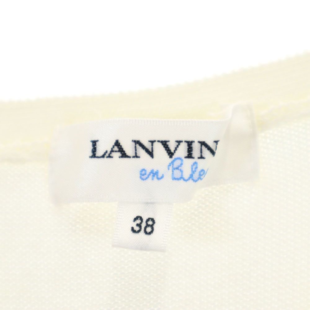 LANVIN en Bleu ランバンオンブルー ラメ ボーダー柄 ノースリーブ ハーフボタン ニット 38 ホワイト×ブルー レディース