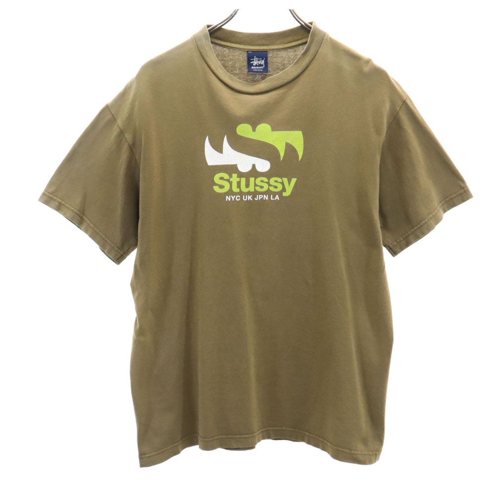 ステューシー 90s USA製 紺タグ オールド プリント 半袖 Tシャツ M ブラウン STUSSY メンズ