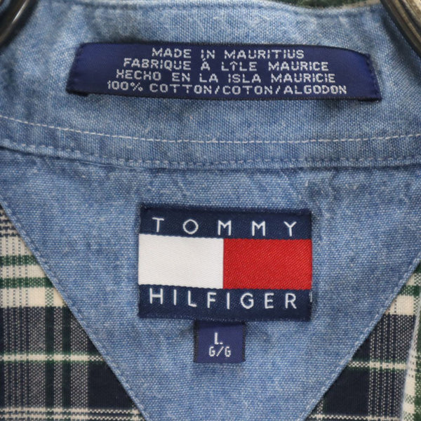 トミーヒルフィガー 90s オールド フラッグタグ チェック 半袖 ボタンダウンシャツ L ネイビー系 TOMMY HILFIGER メンズ