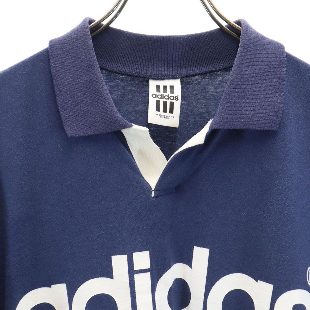 アディダス 90s デサント製 AMT-6600 オールド プリント 半袖 スキッパー ポロシャツ M-L ネイビー系 adidas メンズ