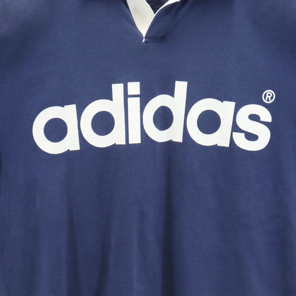 アディダス 90s デサント製 AMT-6600 オールド プリント 半袖 スキッパー ポロシャツ M-L ネイビー系 adidas メンズ