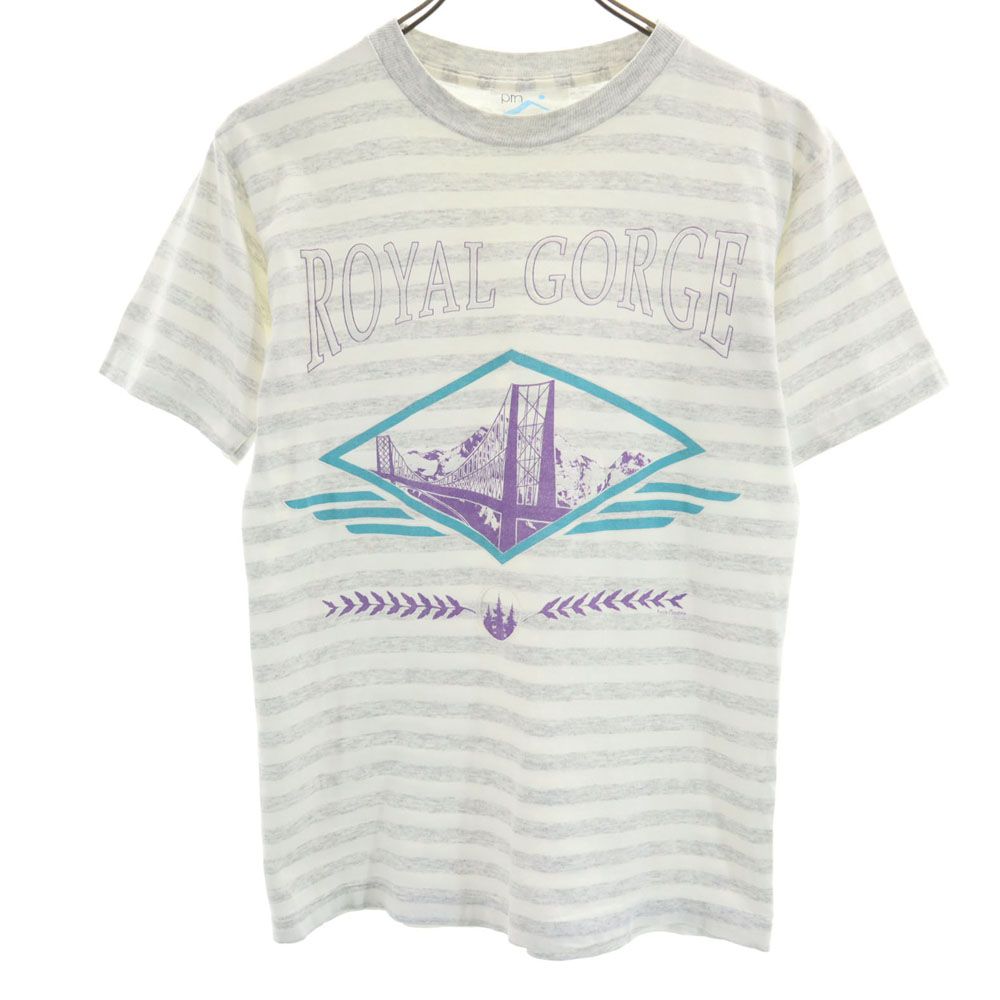 pm active wear 90s USA製 オールド ボーダー柄 プリント 半袖 Tシャツ S グレー×ホワイト メンズ