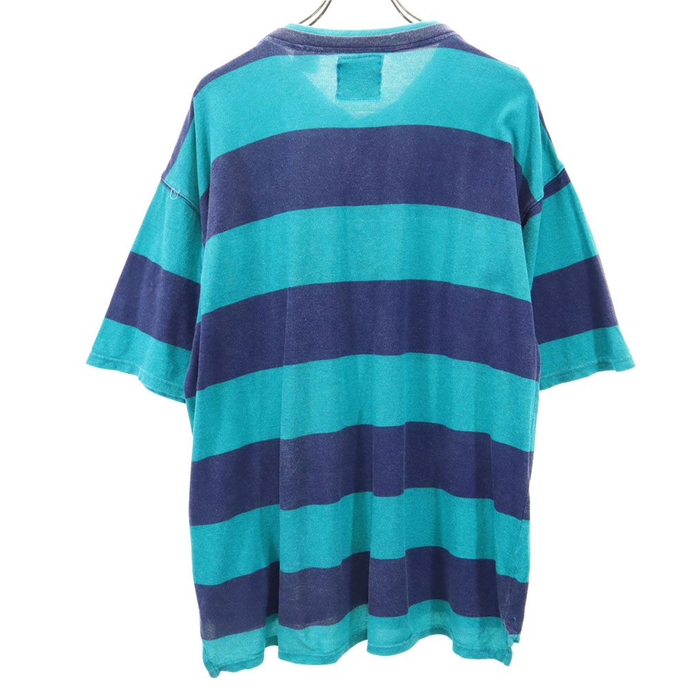 サンタナ 90s オールド ボーダー柄 半袖 ハーフボタン Tシャツ L グリーン×ネイビー SANTANA 鹿の子地 メンズ