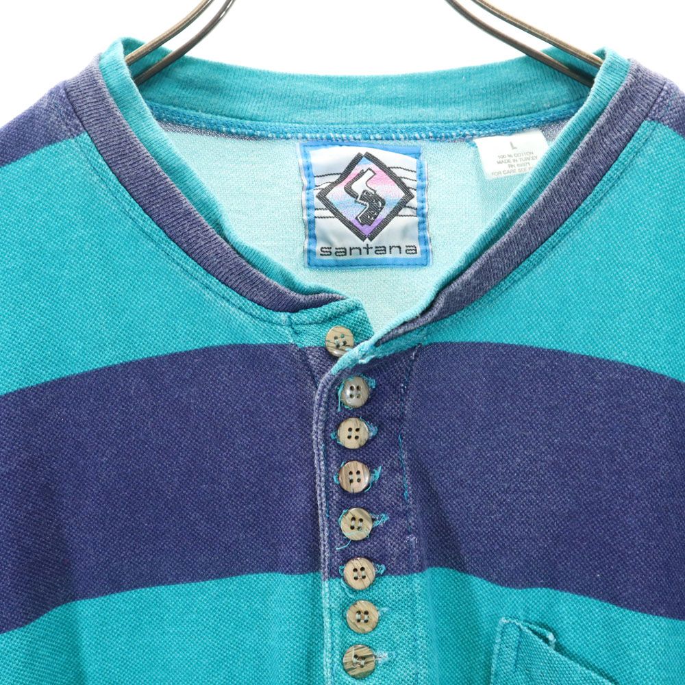 サンタナ 90s オールド ボーダー柄 半袖 ハーフボタン Tシャツ L グリーン×ネイビー SANTANA 鹿の子地 メンズ