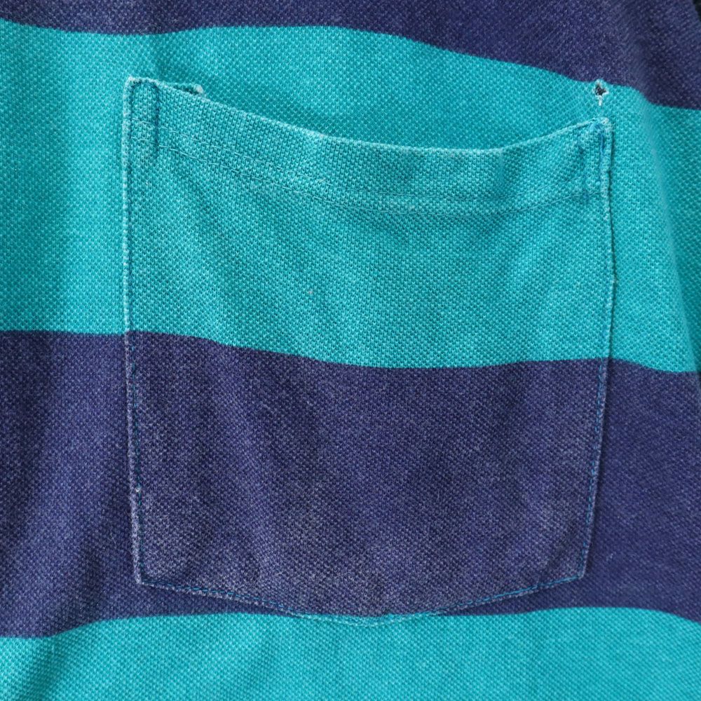 サンタナ 90s オールド ボーダー柄 半袖 ハーフボタン Tシャツ L グリーン×ネイビー SANTANA 鹿の子地 メンズ