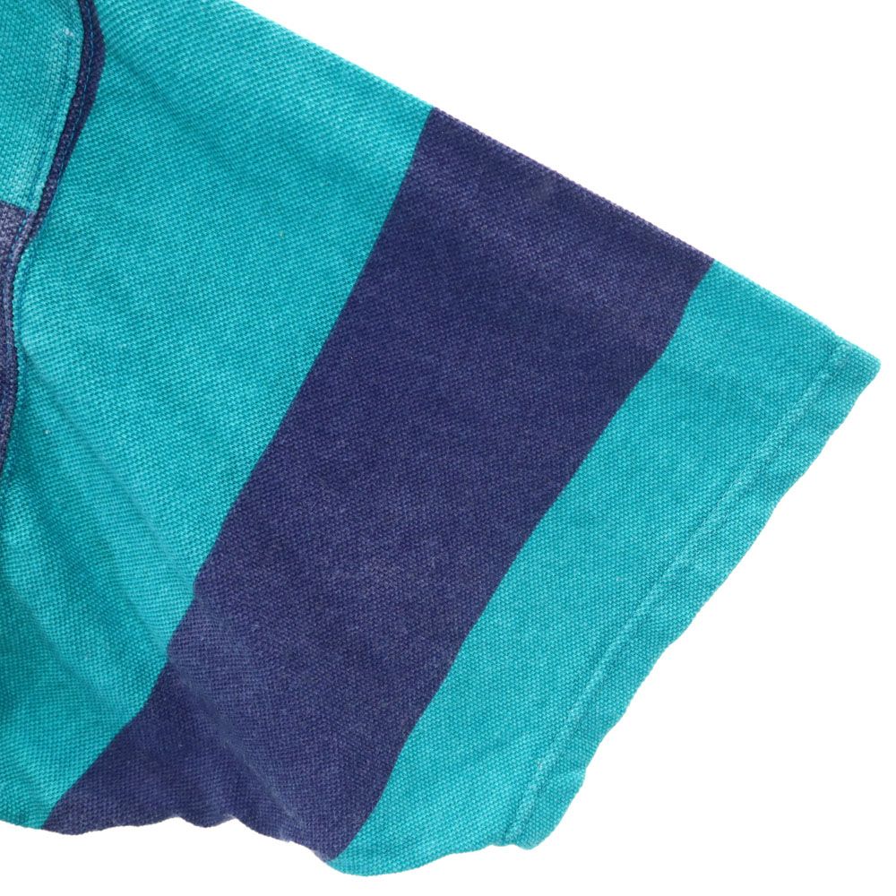 サンタナ 90s オールド ボーダー柄 半袖 ハーフボタン Tシャツ L グリーン×ネイビー SANTANA 鹿の子地 メンズ